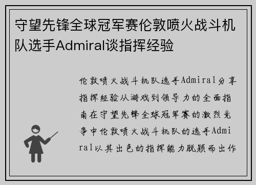 守望先锋全球冠军赛伦敦喷火战斗机队选手Admiral谈指挥经验
