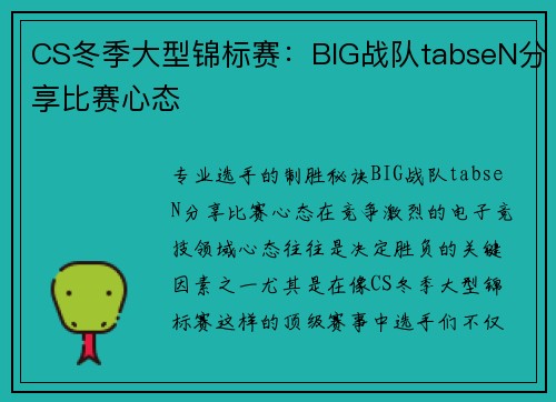 CS冬季大型锦标赛：BIG战队tabseN分享比赛心态