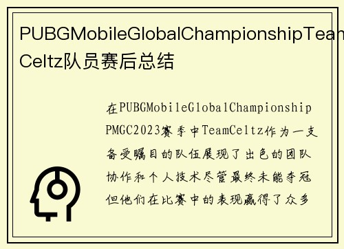 PUBGMobileGlobalChampionshipTeamCeltz队员赛后总结